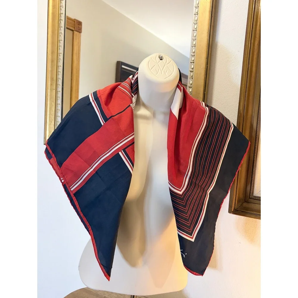 Leonardi Scarf Navy Blue Red White Geometric Square Vintage 30x30